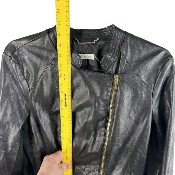 Calvin Klein Size 8 Vegan Black leather jacket gold hardware Asymmetrical Lined - Picture 10 of 16